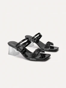TuEzra New Stylish Plus Size Women Comfortable Simple Parallel Double Rhinestone Square Toe Chunky Heel Sandals, Casual Elegant Outdoor Shoes, Summer - Black - View 2