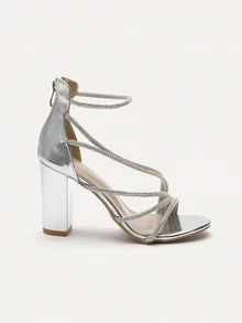 TuEzra 2025 Summer New Elegant Rhinestone Straps Chunky Heel Sandals With Zipper Back Roman Shoes, Round Toe Simple Party High Heels For Women - Silver - View 1