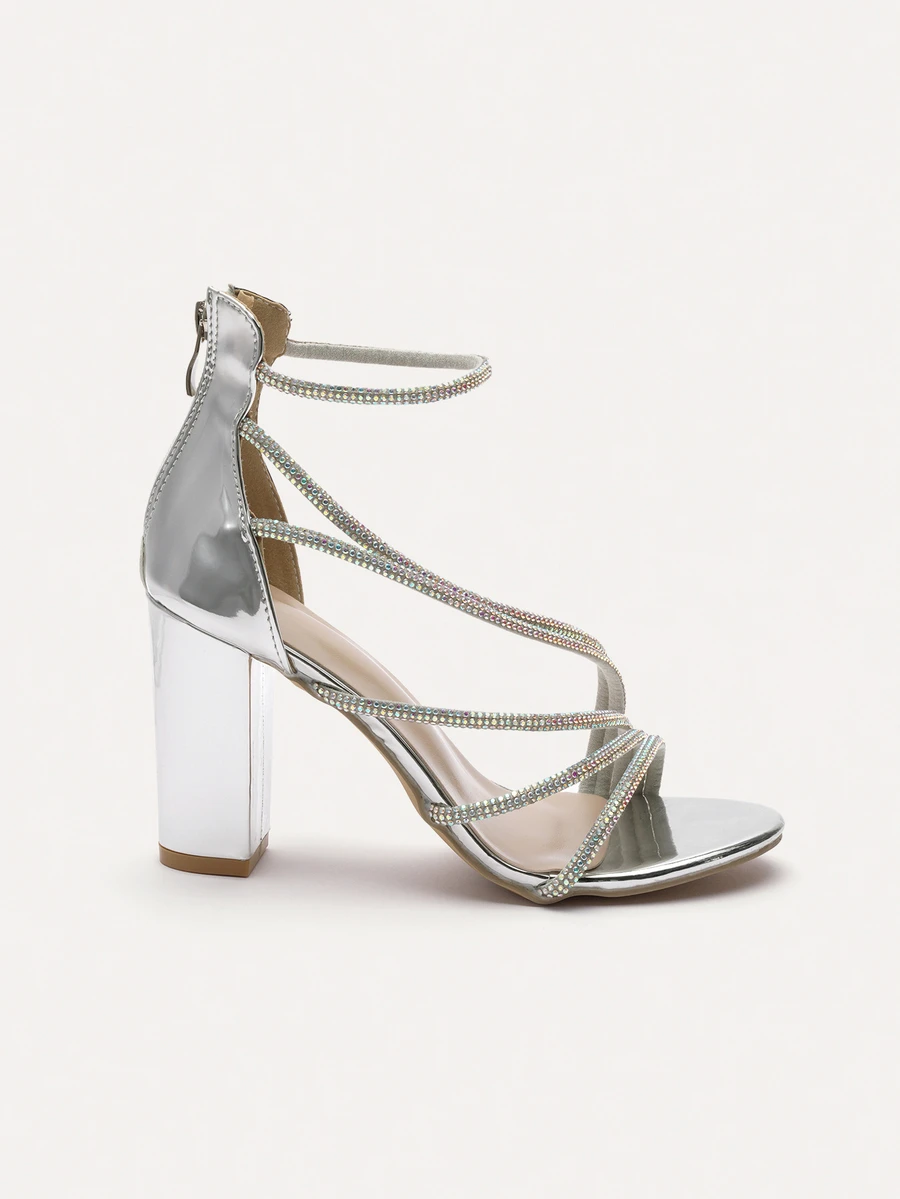 TuEzra 2025 Summer New Elegant Rhinestone Straps Chunky Heel Sandals With Zipper Back Roman Shoes, Round Toe Simple Party High Heels For Women - Silver - View 1