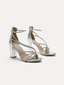 TuEzra 2025 Summer New Elegant Rhinestone Straps Chunky Heel Sandals With Zipper Back Roman Shoes, Round Toe Simple Party High Heels For Women - Silver - View 2