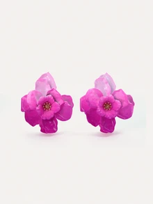 TuEzra 1 Pair Vintage Asymmetrical Floral & Leaf Geometric Textured Gold-Tone Earrings, Unique Gift For Women, Suitable For Nightclub - Pink - View 1