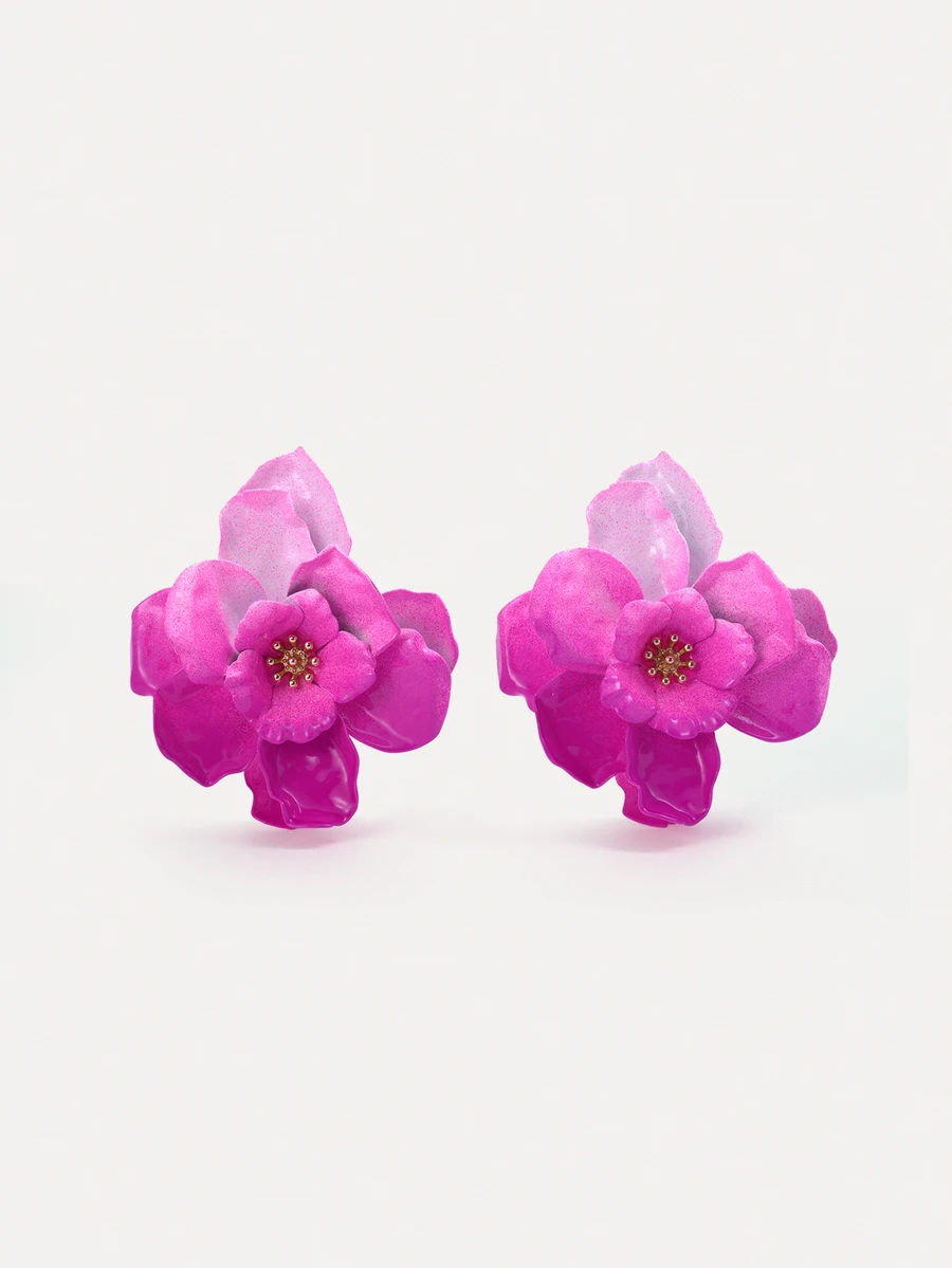 TuEzra 1 Pair Vintage Asymmetrical Floral & Leaf Geometric Textured Gold-Tone Earrings, Unique Gift For Women, Suitable For Nightclub - Pink - View 1