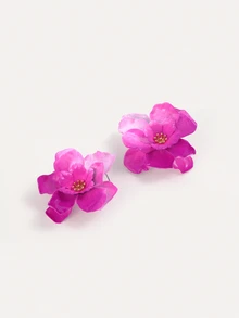 TuEzra 1 Pair Vintage Asymmetrical Floral & Leaf Geometric Textured Gold-Tone Earrings, Unique Gift For Women, Suitable For Nightclub - Pink - View 2