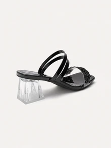 TuEzra New Stylish Plus Size Women Comfortable Simple Parallel Double Rhinestone Square Toe Chunky Heel Sandals, Casual Elegant Outdoor Shoes, Summer - Black - View 3