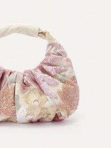 TuEzra 1 buah Tas Tote Linen Lipit Motif Awan dengan Bordir Bunga Jala Kontras Payet Warna-warni, Tas Tangan Gaya Liburan Pantai Musim Panas yang Modis - Baby Pink - View 5