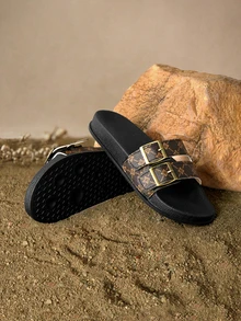 Tropiscape Summer Women's Slippers Large Size Fashion Women Shoes Shiny Ornament Double Buckle Women Beach Shoes Soft Comfortable Slippers - Brown - View 2