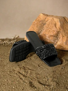 Tropiscape Plus Size Women's Slip-On Flat Sandals, Black Square Toe Rhinestone Non-Slip Soft Bottom Lace-Up Slippers - Black - View 2
