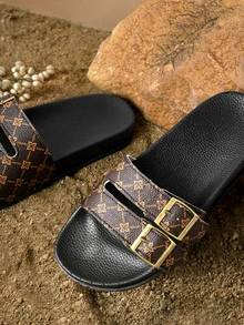 Tropiscape Summer Women's Slippers Large Size Fashion Women Shoes Shiny Ornament Double Buckle Women Beach Shoes Soft Comfortable Slippers - Brown - View 5