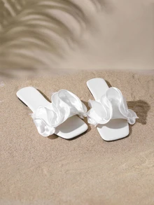 Tropiscape New Women's Black Casual Party & Beach Ruched Flower Decor Flat Slide Sandals, Outdoor Comfortable Versatile Square Toe Soft Flat Slippers, Summer - White - View 4