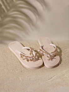 Tropiscape Cordones de zapatos decorados con conchas naturales y estrellas de mar con rhinestones, diseño trenzado de sandalias planas casuales para la playa, adecuadas para el verano, las vacaciones y los viajes, chanclas planas con relieve, cómodas, suaves y antideslizantes para mujeres - Beis - Ver 4