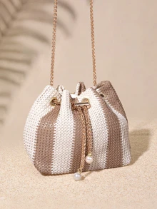 Tropiscape Fashionable Contrasting Stripe Chain Mini Bucket Crossbody Bag - Multicolor - View 4