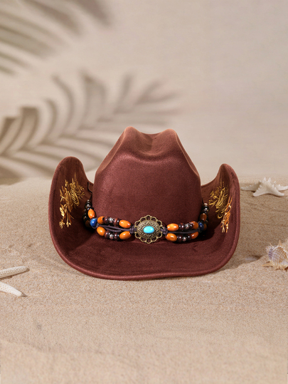Tropiscape 1pc Wooden Bead Decor Embroidered Cap, Minimalist Cowboy Hat, Versatile For Daily Wear, Birthday Party, Gathering, Western Theme Event, Music Festival