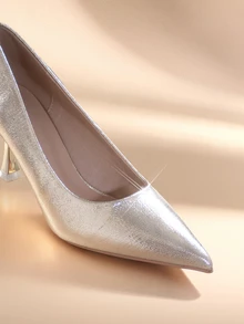 Etoivie Metallic Mid Heeled Court Pumps, Autumn And Winter New Party Casual Non-Slip Wear-Resistant Pointed Gold Metal Material Electroplated High Heels Shoes - Gold - View 5