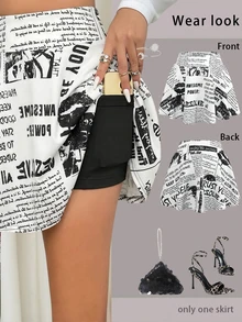 Women's Retro Sexy Black And White Newspaper Print Mini Skirt, Paired With Leggings, Elegant Bohemian Woven Fabric With Zipper Pockets Summer - Black and White - View 2