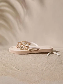 Tropiscape Cordones de zapatos decorados con conchas naturales y estrellas de mar con rhinestones, diseño trenzado de sandalias planas casuales para la playa, adecuadas para el verano, las vacaciones y los viajes, chanclas planas con relieve, cómodas, suaves y antideslizantes para mujeres - Beis - Ver 3