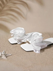 Tropiscape New Women's Black Casual Party & Beach Ruched Flower Decor Flat Slide Sandals, Outdoor Comfortable Versatile Square Toe Soft Flat Slippers, Summer - White - View 5
