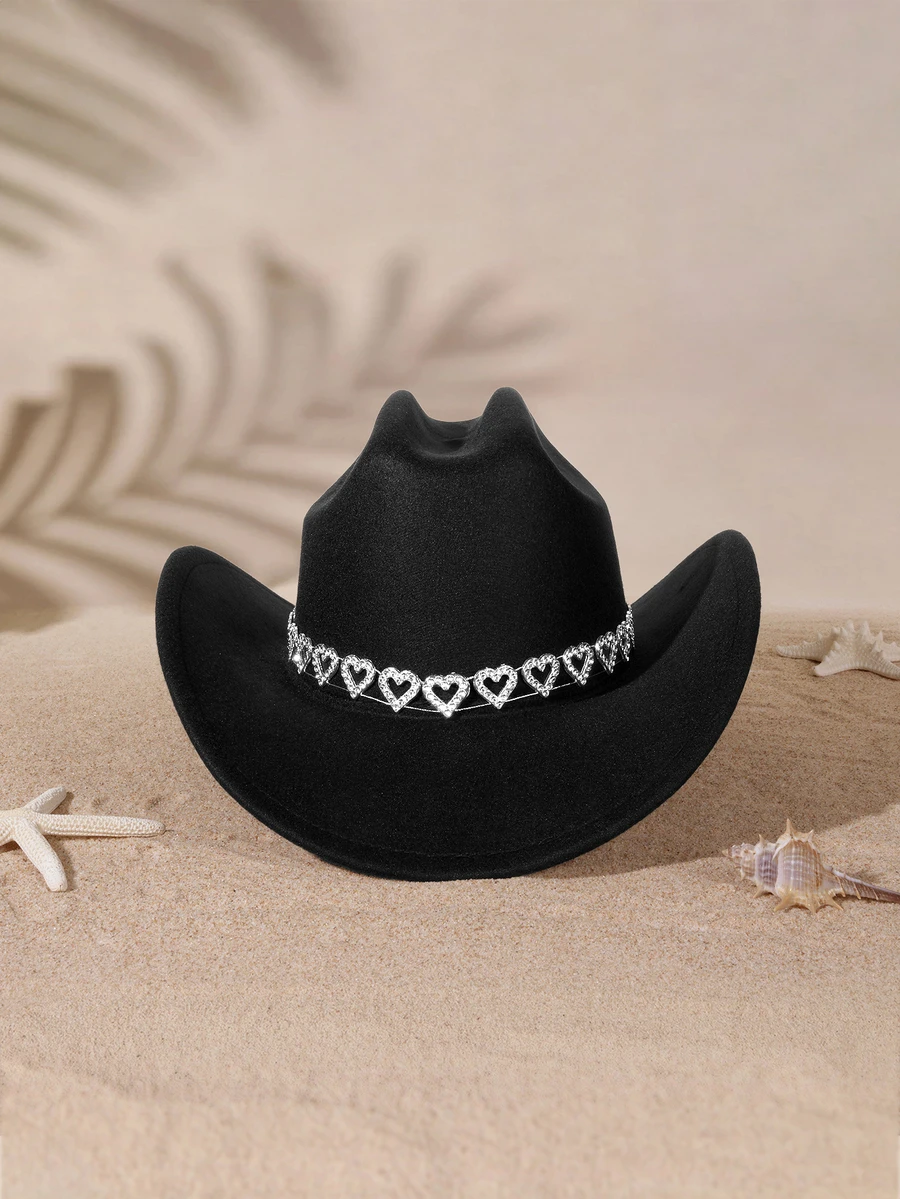 Tropiscape 1pc Elegant And Simple Cowboy Hat With Rhinestone Hollow Heart Belt, Perfect For Graduation, Vacation, And Party Halloween Cowboy Halloween, Trick Or Treat, Spooky, Haunted, Creepy, Scary, Boo - Multicolor - View 1