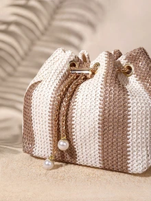 Tropiscape Fashionable Contrasting Stripe Chain Mini Bucket Crossbody Bag - Multicolor - View 5