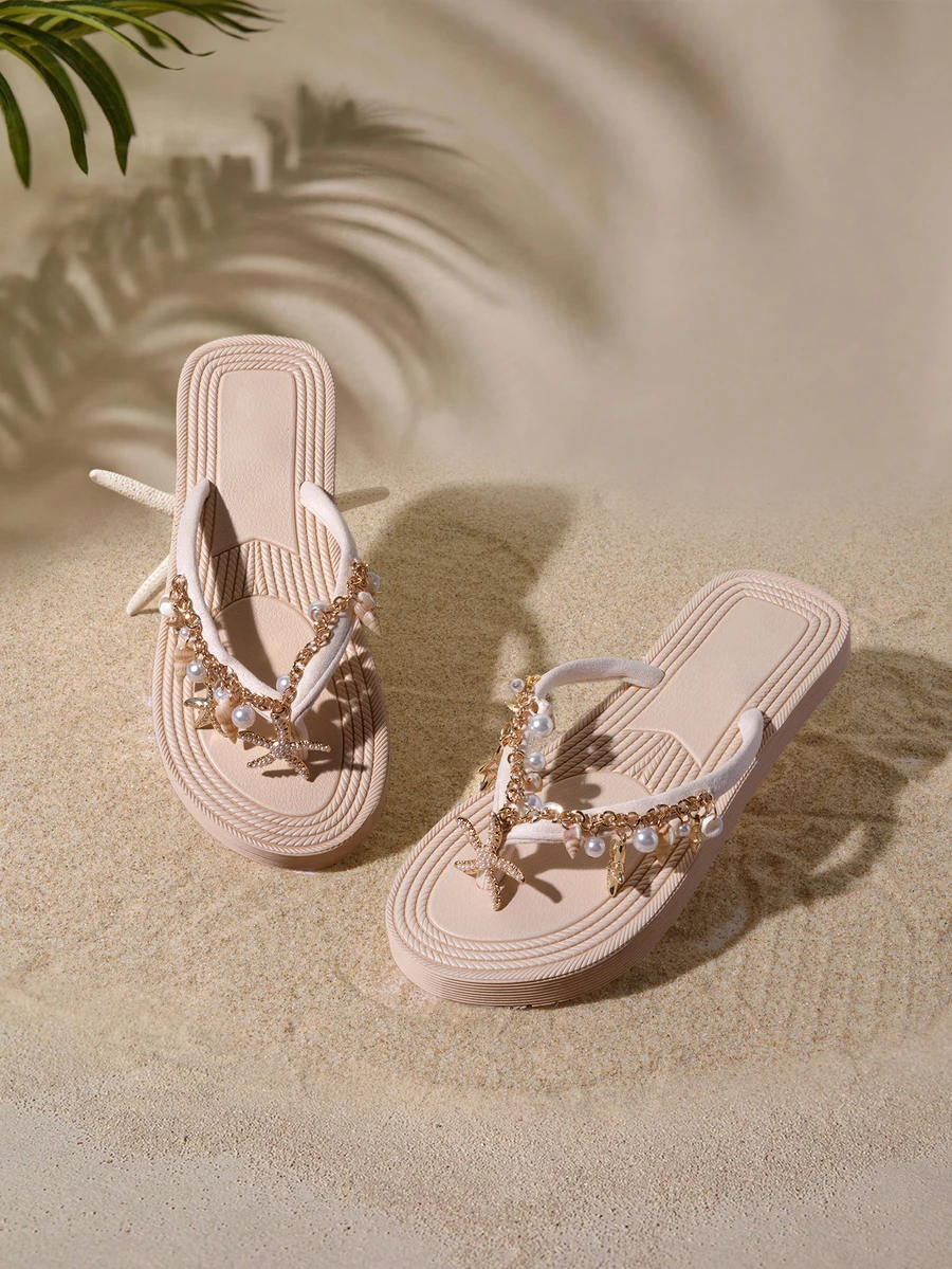 Tropiscape Cordones de zapatos decorados con conchas naturales y estrellas de mar con rhinestones, diseño trenzado de sandalias planas casuales para la playa, adecuadas para el verano, las vacaciones y los viajes, chanclas planas con relieve, cómodas, suaves y antideslizantes para mujeres - Beis - Ver 1