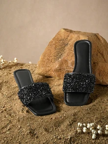 Tropiscape Plus Size Women's Slip-On Flat Sandals, Black Square Toe Rhinestone Non-Slip Soft Bottom Lace-Up Slippers - Black - View 4