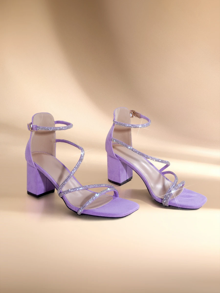 Etoivie Rhinestone Decorated Square Toe Chunky High Heel Sandals, Elegant And Graceful, Suitable For Banquets And Parties