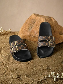 Tropiscape Summer Women's Slippers Large Size Fashion Women Shoes Shiny Ornament Double Buckle Women Beach Shoes Soft Comfortable Slippers - Brown - View 4