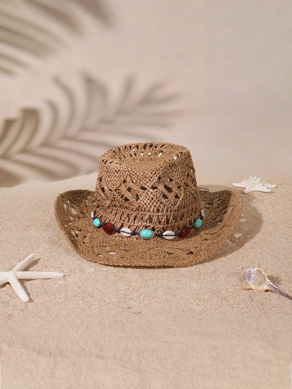 Tropiscape 1pc Women's Fashionable Minimalist Solid Color Bohemian Casual Straw Decor Panama Hat, Suitable For All Seasons, Versatile