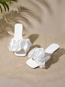 Tropiscape New Women's Black Casual Party & Beach Ruched Flower Decor Flat Slide Sandals, Outdoor Comfortable Versatile Square Toe Soft Flat Slippers, Summer - White - View 1