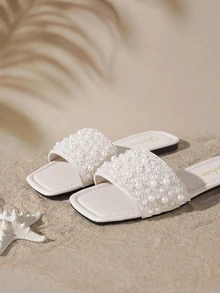 Tropiscape Plus Size Women's Slip-On Sandals, New Summer Silver Square Toe Flat Sandals, Fashion Non-Slip Rhinestone Soft Bottom Strap Slides - White - View 5