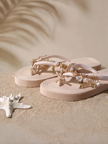 Tropiscape Cordones de zapatos decorados con conchas naturales y estrellas de mar con rhinestones, diseño trenzado de sandalias planas casuales para la playa, adecuadas para el verano, las vacaciones y los viajes, chanclas planas con relieve, cómodas, suaves y antideslizantes para mujeres - Beis - Ver 5