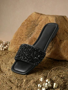 Tropiscape Plus Size Women's Slip-On Flat Sandals, Black Square Toe Rhinestone Non-Slip Soft Bottom Lace-Up Slippers - Black - View 3