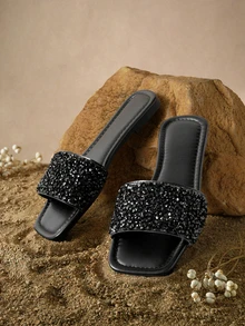 Tropiscape Plus Size Women's Slip-On Flat Sandals, Black Square Toe Rhinestone Non-Slip Soft Bottom Lace-Up Slippers - Black - View 1