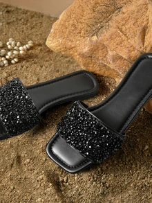 Tropiscape Plus Size Women's Slip-On Flat Sandals, Black Square Toe Rhinestone Non-Slip Soft Bottom Lace-Up Slippers - Black - View 5
