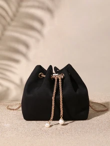 Tropiscape Bolso de hombro tipo cubo mini de unicolor con correa de cadena de moda - Negro - Ver 4