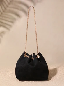 Tropiscape Bolso de hombro tipo cubo mini de unicolor con correa de cadena de moda - Negro - Ver 2