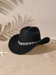 Tropiscape 1pc Elegant And Simple Cowboy Hat With Rhinestone Hollow Heart Belt, Perfect For Graduation, Vacation, And Party Halloween Cowboy Halloween, Trick Or Treat, Spooky, Haunted, Creepy, Scary, Boo - Multicolor - View 2