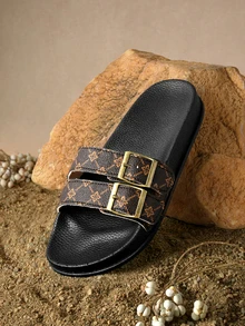 Tropiscape Summer Women's Slippers Large Size Fashion Women Shoes Shiny Ornament Double Buckle Women Beach Shoes Soft Comfortable Slippers - Brown - View 3
