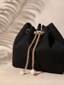 Tropiscape Bolso de hombro tipo cubo mini de unicolor con correa de cadena de moda - Negro - Ver 5