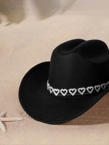 Tropiscape 1pc Elegant And Simple Cowboy Hat With Rhinestone Hollow Heart Belt, Perfect For Graduation, Vacation, And Party Halloween Cowboy Halloween, Trick Or Treat, Spooky, Haunted, Creepy, Scary, Boo - Multicolor - View 5