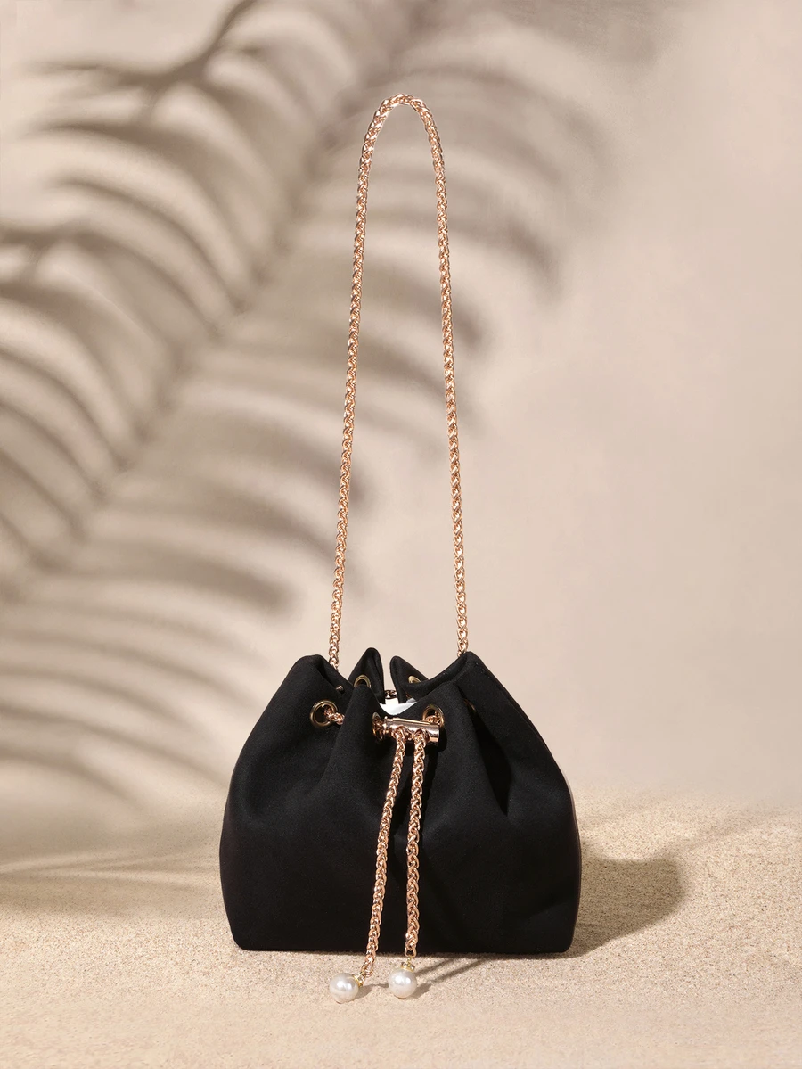 Tropiscape Bolso de hombro tipo cubo mini de unicolor con correa de cadena de moda - Negro - Ver 1