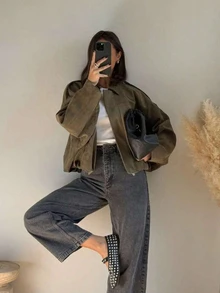 Women's Regular Faux Suede Long Sleeve Single-Breasted Loose Casual Jacket, Suitable For Spring Wear Women's Pocket Metal Button Short Military Green Jacket, Suitable For Spring And Autumn Wear - Army Green - View 7