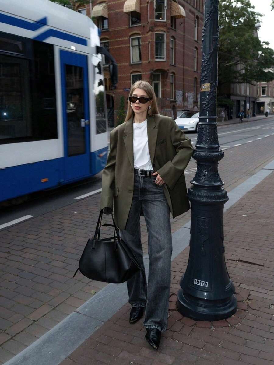 Women's Solid Olive Green Lapel Single-Breasted Blazer, Casual Long Sleeve Front Button Office Work Jacket With Pockets Fall - Green - View 1