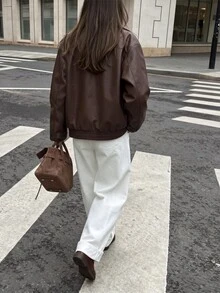 Autumn/Winter Retro Women's Casual Fashion Deep Brown Long Sleeve Lapel PU Leather Jacket - Chocolate Brown - View 2