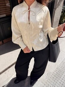 Elegant Women's New Chinese Style Apricot Floral Jacquard Blouse With Cheongsam Collar, Decorated With Bow Tie And Shirred Cuffs, Suitable For All Seasons - Apricot - View 7