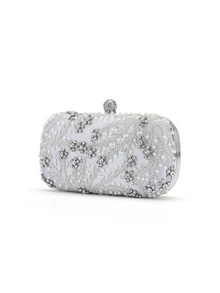 Rylithe 1pc Elegant & Romantic Silver Solid Color Pearl Beaded Evening Bag, Decorated With Rhinestones, Durable, Can Be Used Directly As A Bridal Bag. - Silver - View 4
