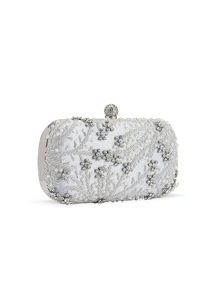 Rylithe 1pc Elegant & Romantic Silver Solid Color Pearl Beaded Evening Bag, Decorated With Rhinestones, Durable, Can Be Used Directly As A Bridal Bag. - Silver - View 5