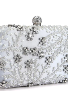 Rylithe 1pc Elegant & Romantic Silver Solid Color Pearl Beaded Evening Bag, Decorated With Rhinestones, Durable, Can Be Used Directly As A Bridal Bag. - Silver - View 7