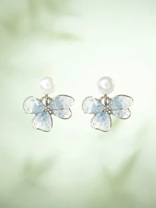 Rylithe 1 Pasang Anting-Anting Modis Berhiaskan Bunga Iris Mutiara Imitasi, Gaya Elegan yang Unik - Biru - View 1