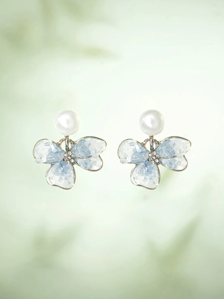 Rylithe 1 Pasang Anting-Anting Modis Berhiaskan Bunga Iris Mutiara Imitasi, Gaya Elegan yang Unik - Biru - View 1