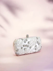 Rylithe 1pc Elegant & Romantic Silver Solid Color Pearl Beaded Evening Bag, Decorated With Rhinestones, Durable, Can Be Used Directly As A Bridal Bag. - Silver - View 1